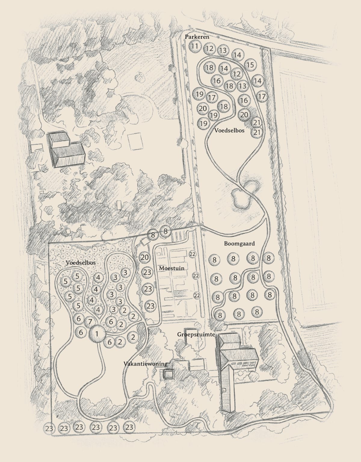 Plattegrond van het voedselbos met genummerde bomen en planten