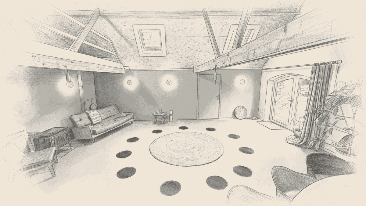 Potloodschets van de groepsruimte